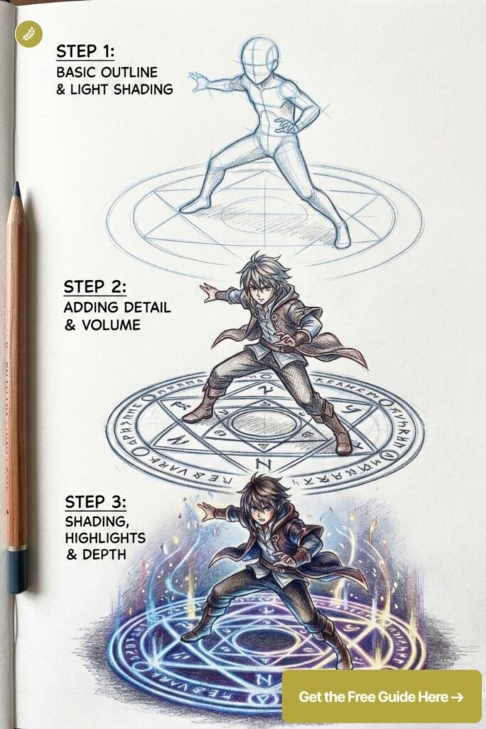 Step-by-step drawing tutorial: character sketch to full-color fantasy mage on glowing magic circle, colored pencil art