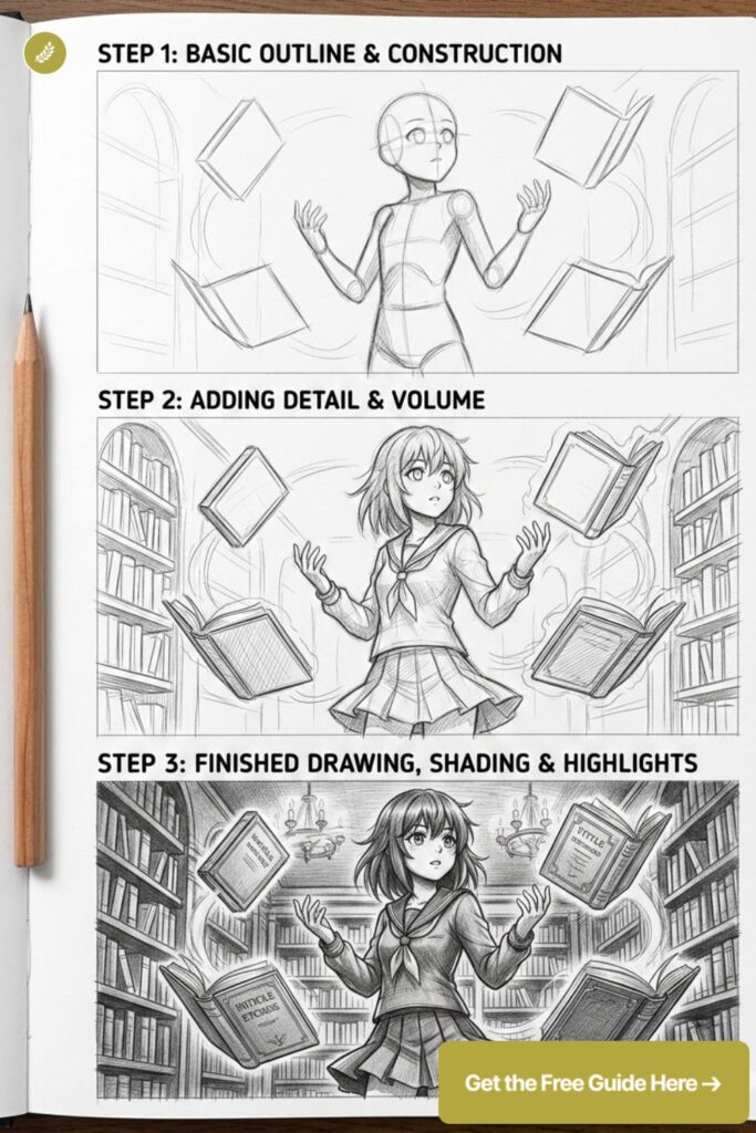 Step-by-step drawing tutorial: sketch to shaded manga-style girl levitating books in a library