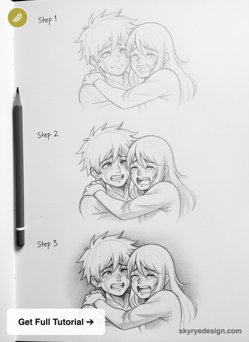 Pencil manga tutorial: three-step sketches of two emotional characters hugging and crying, with a pencil at left