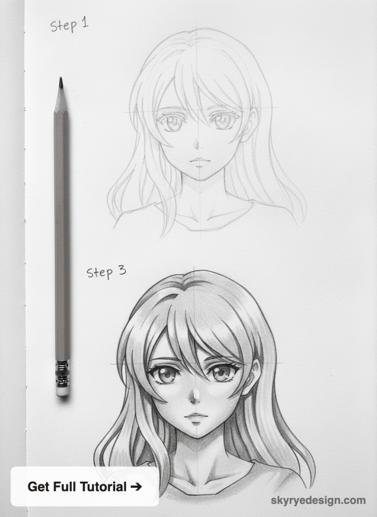 Pencil step-by-step anime girl portrait tutorial: rough sketch (Step 1) and shaded final drawing (Step 3)
