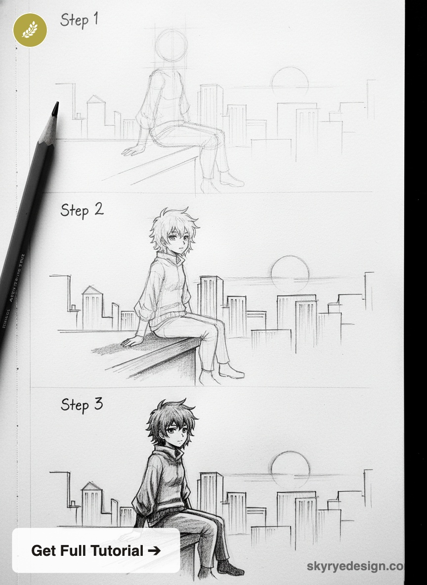 Step-by-step pencil sketch anime tutorial: character sitting on rooftop ledge with city skyline