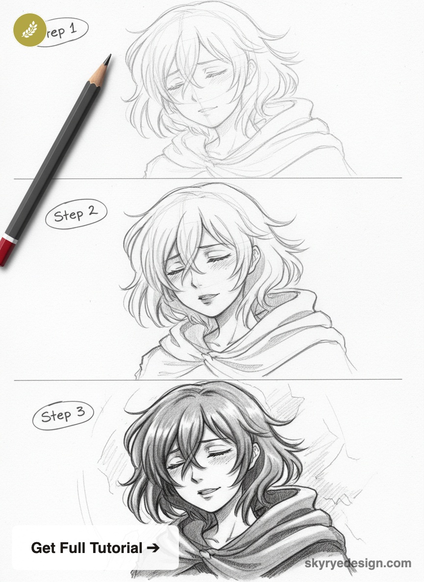 Three-step pencil tutorial: anime-style female portrait progression from rough sketch to shaded cloak portrait