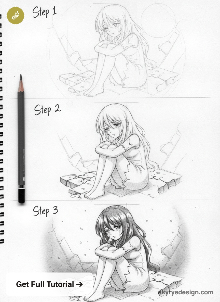 Three-step pencil tutorial showing progression of a sad anime girl sitting on cracked rubble, step 1–3 sketches beside a pencil