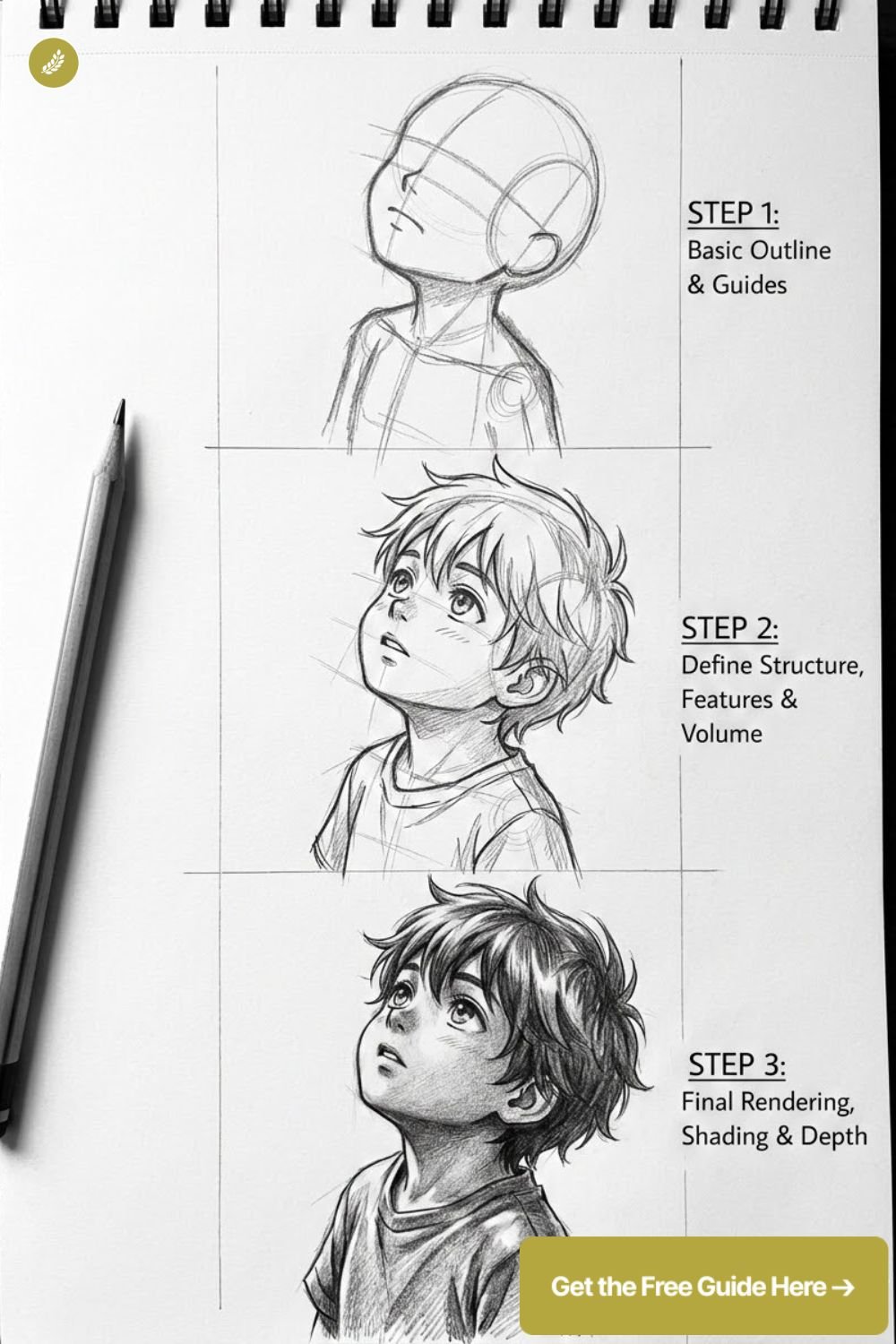 Pencil drawing tutorial: boy portrait step-by-step — outline, structure, then final rendering with shading and depth.