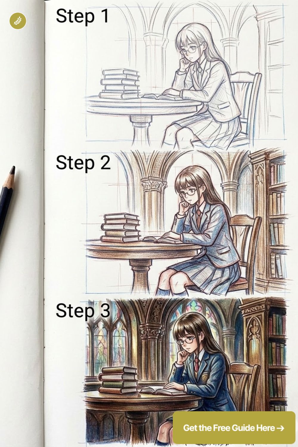 Three-step colored-pencil tutorial from sketch to finished illustration of a schoolgirl reading at a library table