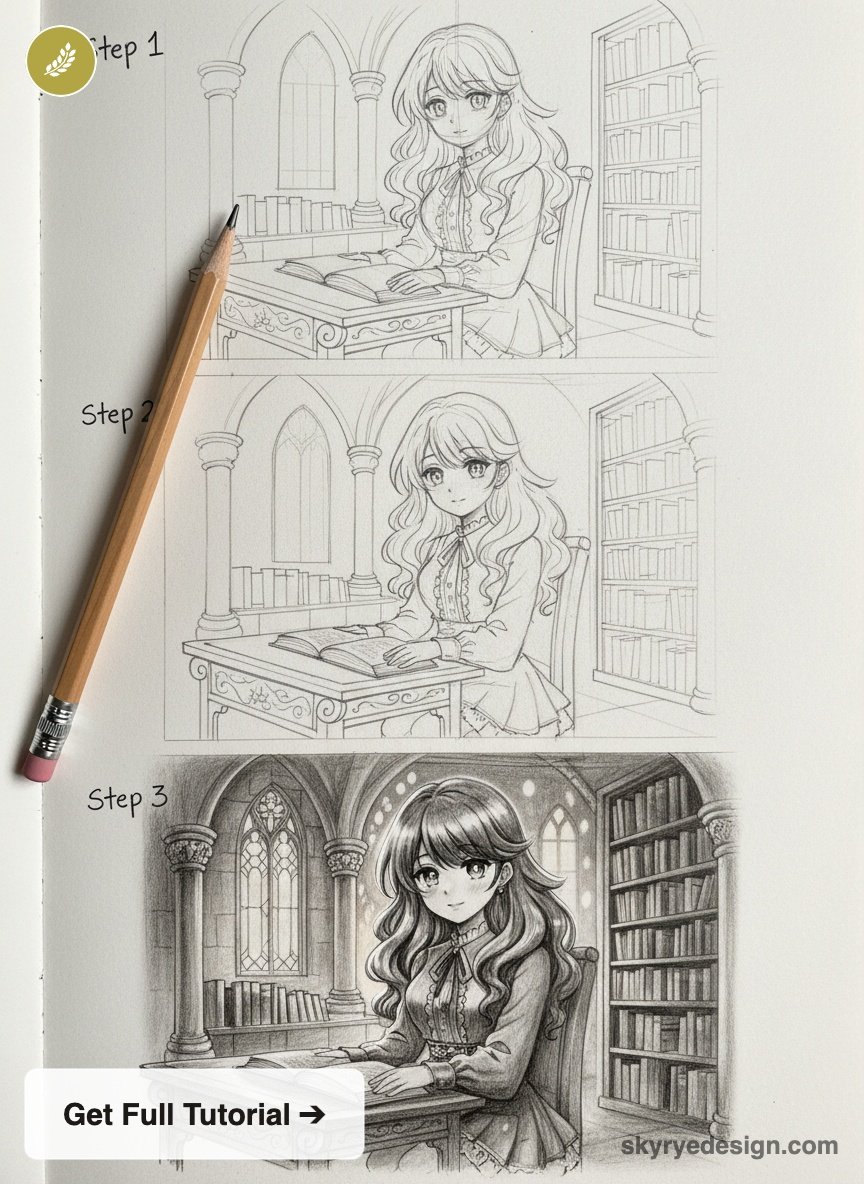 Step-by-step pencil drawing tutorial of an anime girl reading in a gothic library, three-stage sketch progression