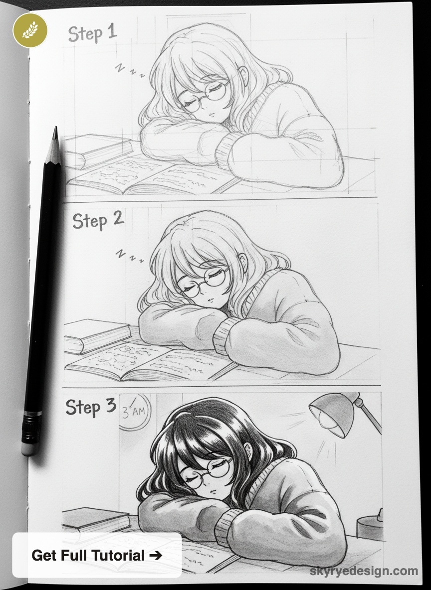 Step-by-step pencil sketch tutorial: manga-style girl with glasses sleeping on open book at desk in three panels.