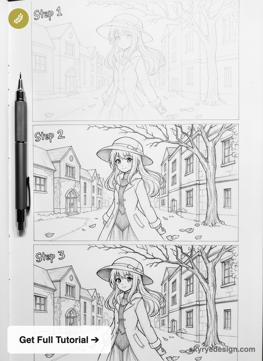 Three-step manga pencil tutorial: girl in a hat walking down a street across three sketch panels, with a pen at left.