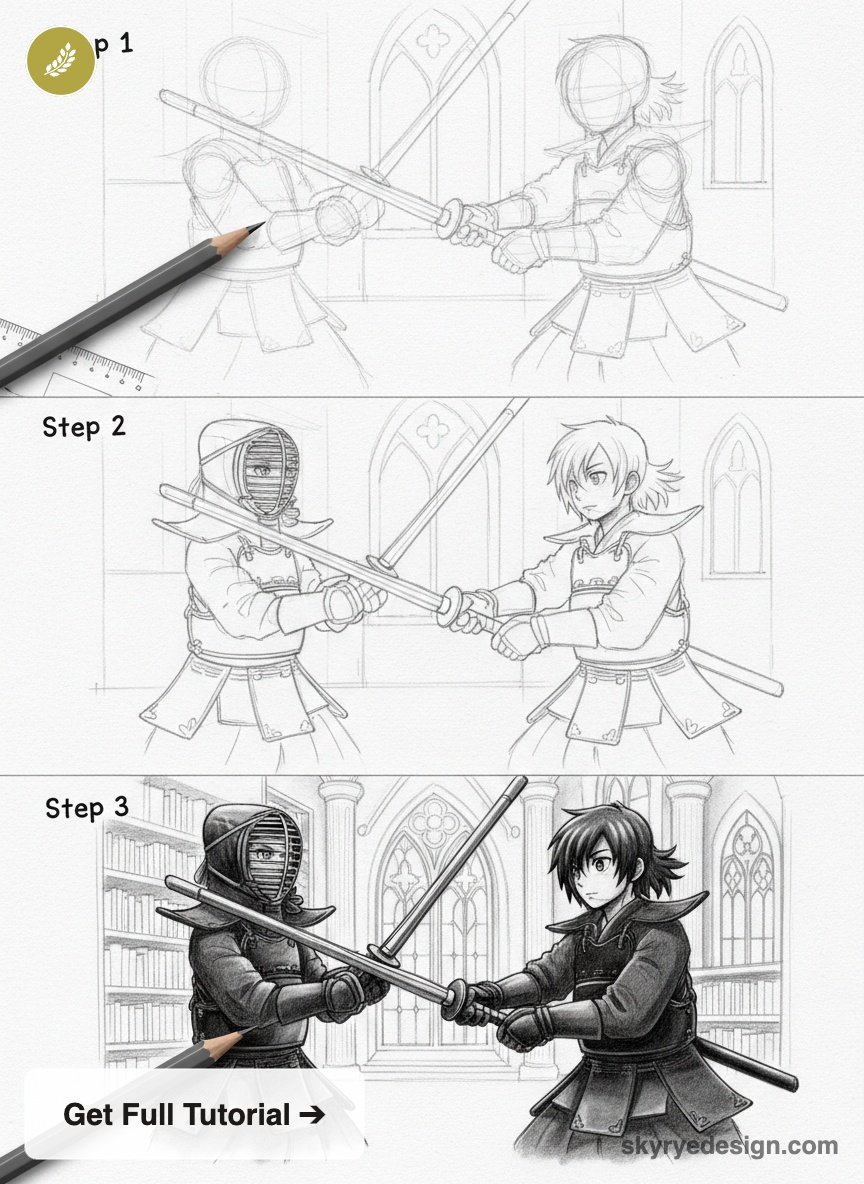 Sketch-to-finished pencil tutorial showing two armored kendo fighters crossing swords in a cathedral library