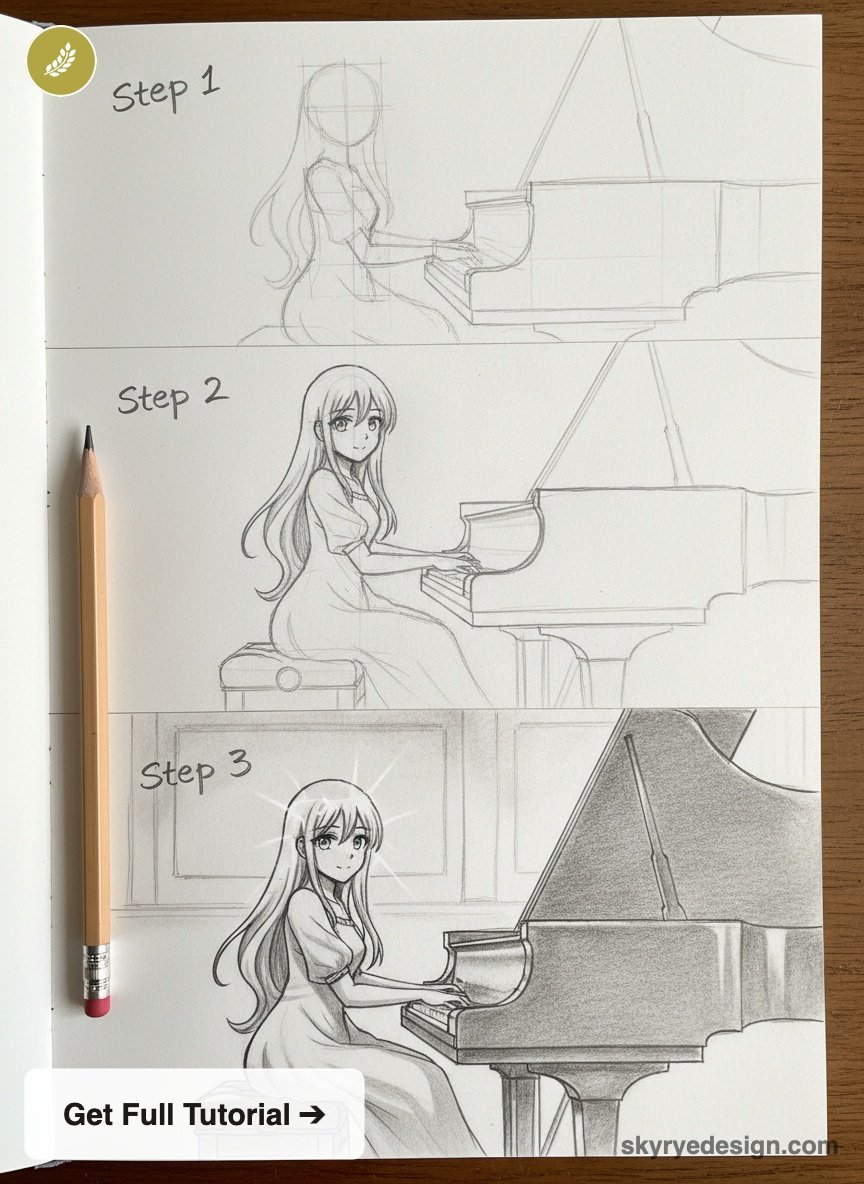 Step-by-step pencil sketch tutorial: anime girl at grand piano, three-stage drawing on sketchbook page.