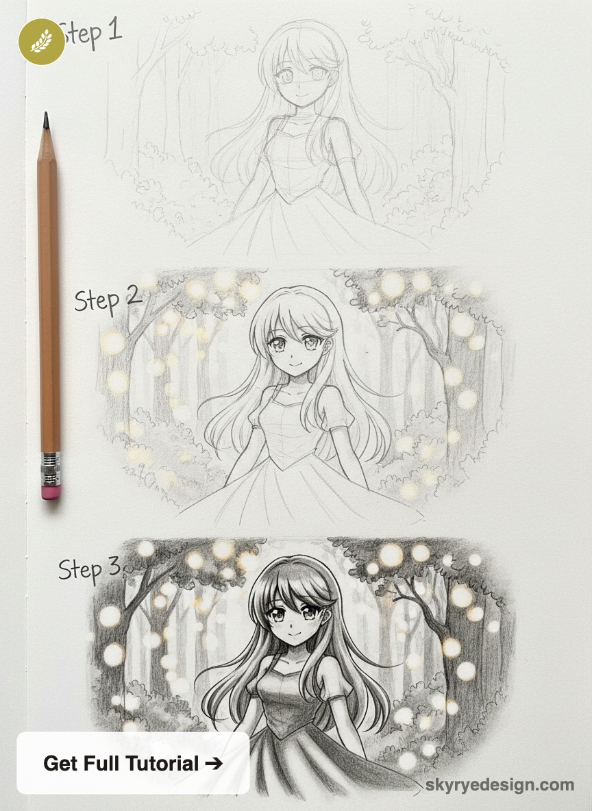 Step-by-step pencil sketch tutorial of an anime girl in a forest with glowing bokeh lights, three stages shown.