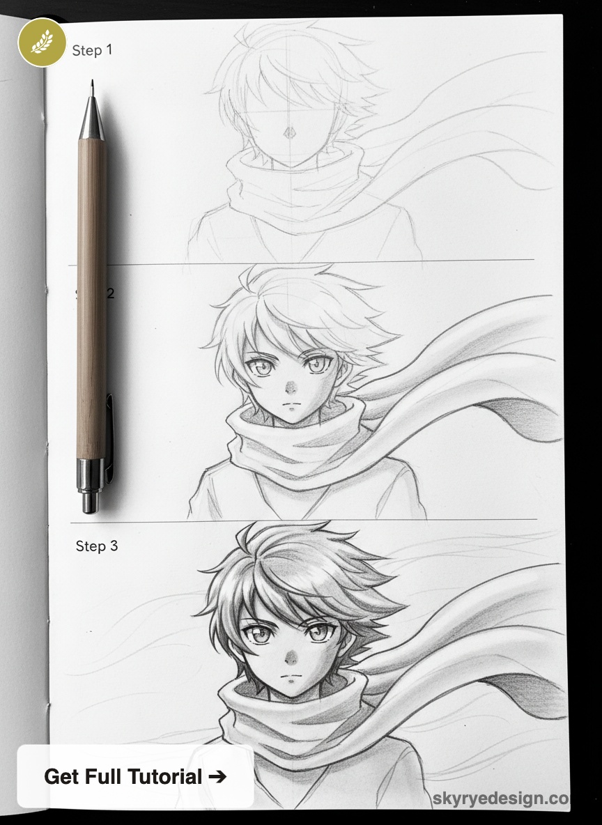 Manga pencil drawing tutorial: three-step sketch of a scarfed anime character, pencil beside sketches