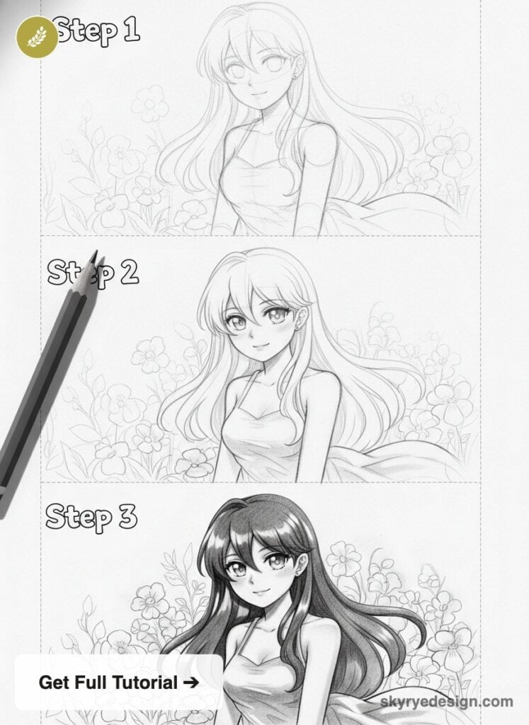 Step-by-step pencil anime drawing tutorial: three sketch stages of a long-haired girl among flowers with pencils.