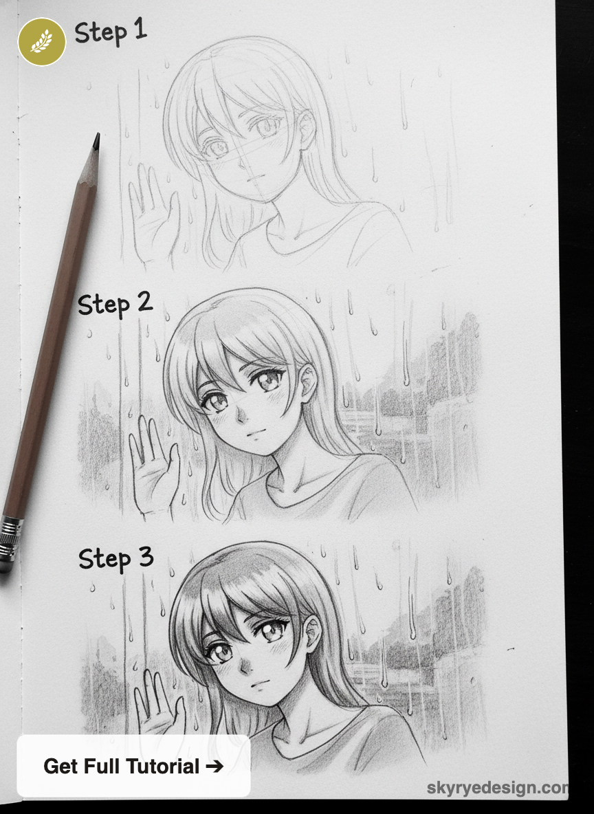 Three-step pencil drawing tutorial of an anime girl at a rainy window, showing sketch to finished shading, with pencil beside.