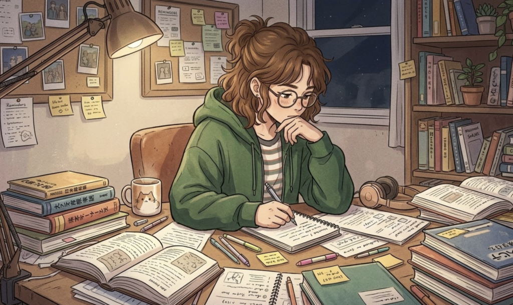 Cozy nighttime study scene: college student in green hoodie writing notes at a lamp-lit desk surrounded by books.