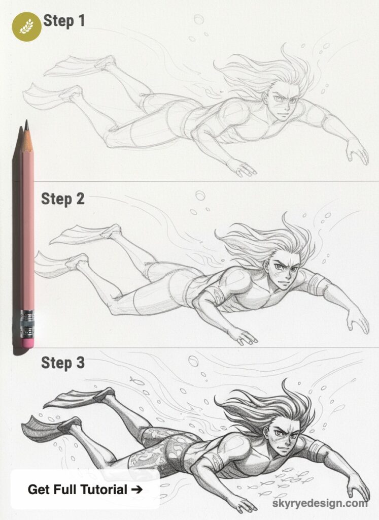 Pencil drawing tutorial, step-by-step: swimmer with fins in three stages, from rough sketch to detailed shaded illustration