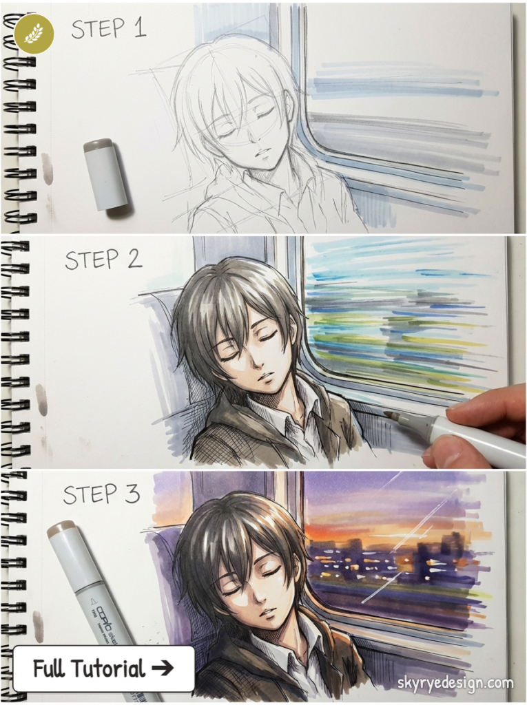 Three-step tutorial: anime-style boy sleeping on a train, sketch to Copic marker illustration with sunset view.