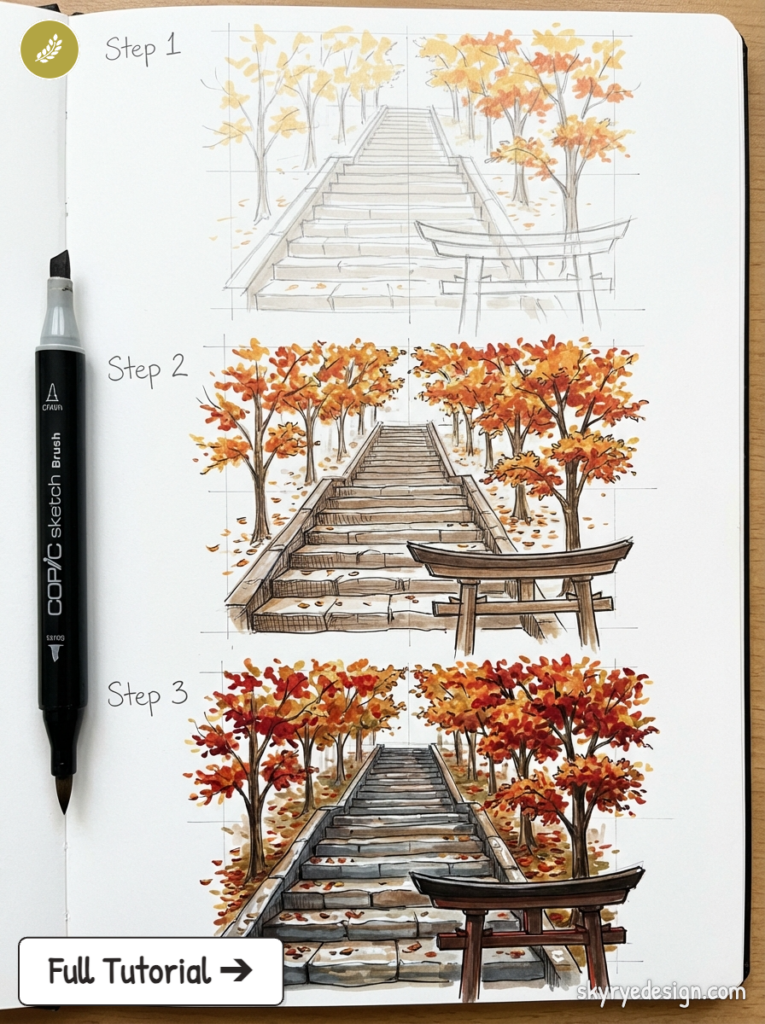 Step-by-step sketch tutorial of autumn stone steps and torii gate with colorful fall trees, marker pen on sketchbook page