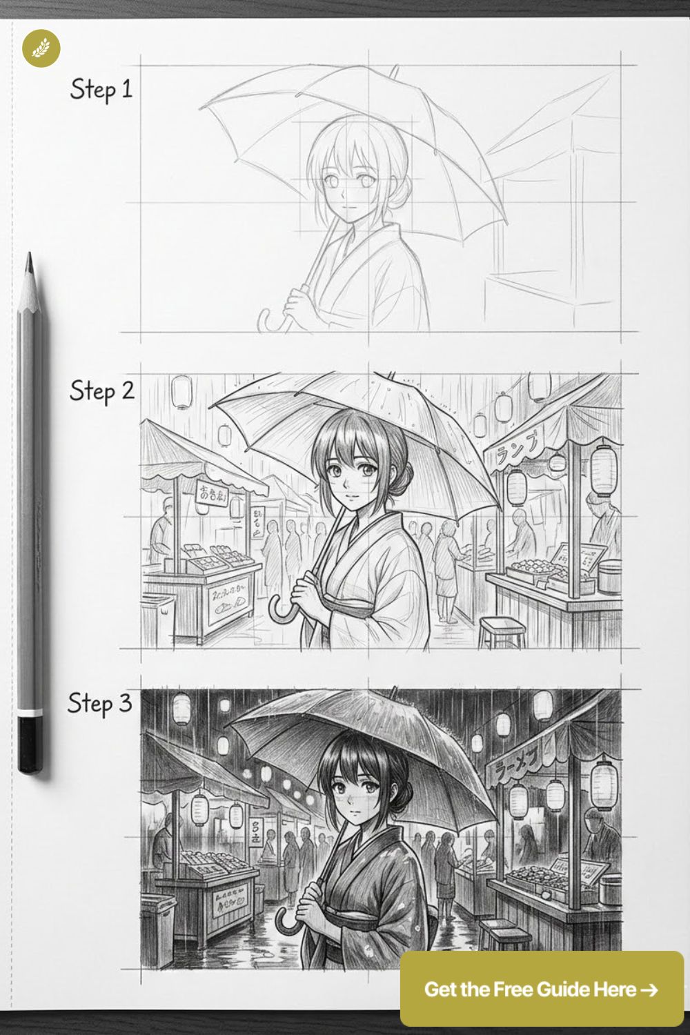 Step-by-step pencil drawing tutorial of an anime-style woman in kimono with umbrella in a rainy night market, sketch to final.