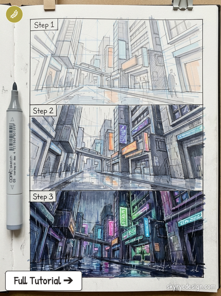 Cityscape drawing tutorial: sketchbook three-step progression from rough sketch to neon-lit rainy street, Copic marker visible