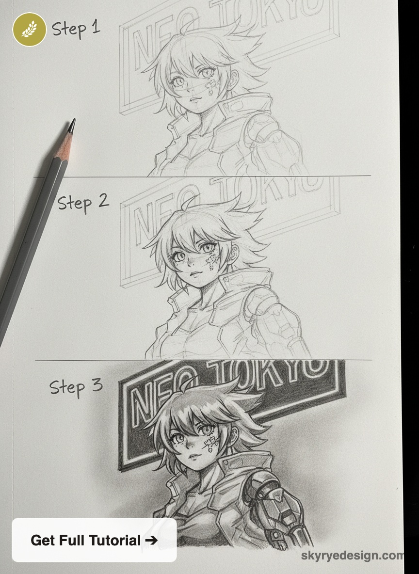Anime pencil drawing tutorial: step-by-step cyberpunk armored character sketch to shaded drawing with NEO TOKYO sign