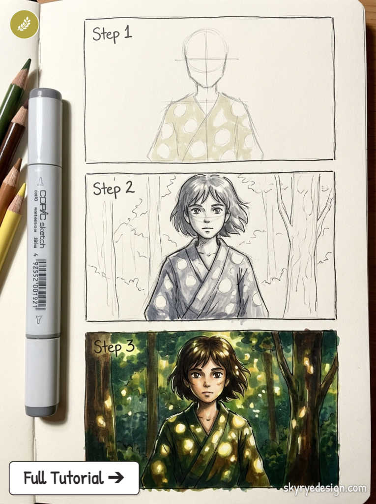 Three-panel art tutorial: sketch, ink, and color of girl in polka-dot kimono in a forest, markers at left