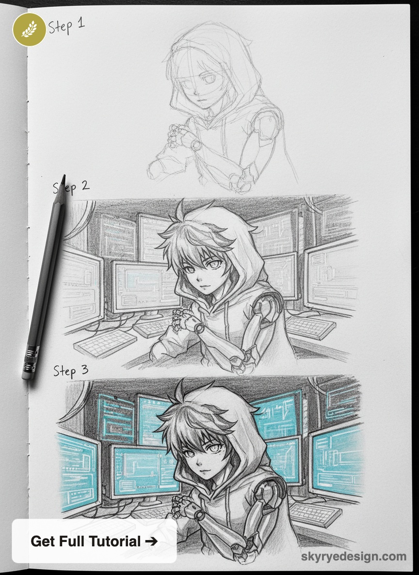 Step-by-step pencil sketch tutorial showing a hooded anime cyborg hacker at a multi-monitor workstation