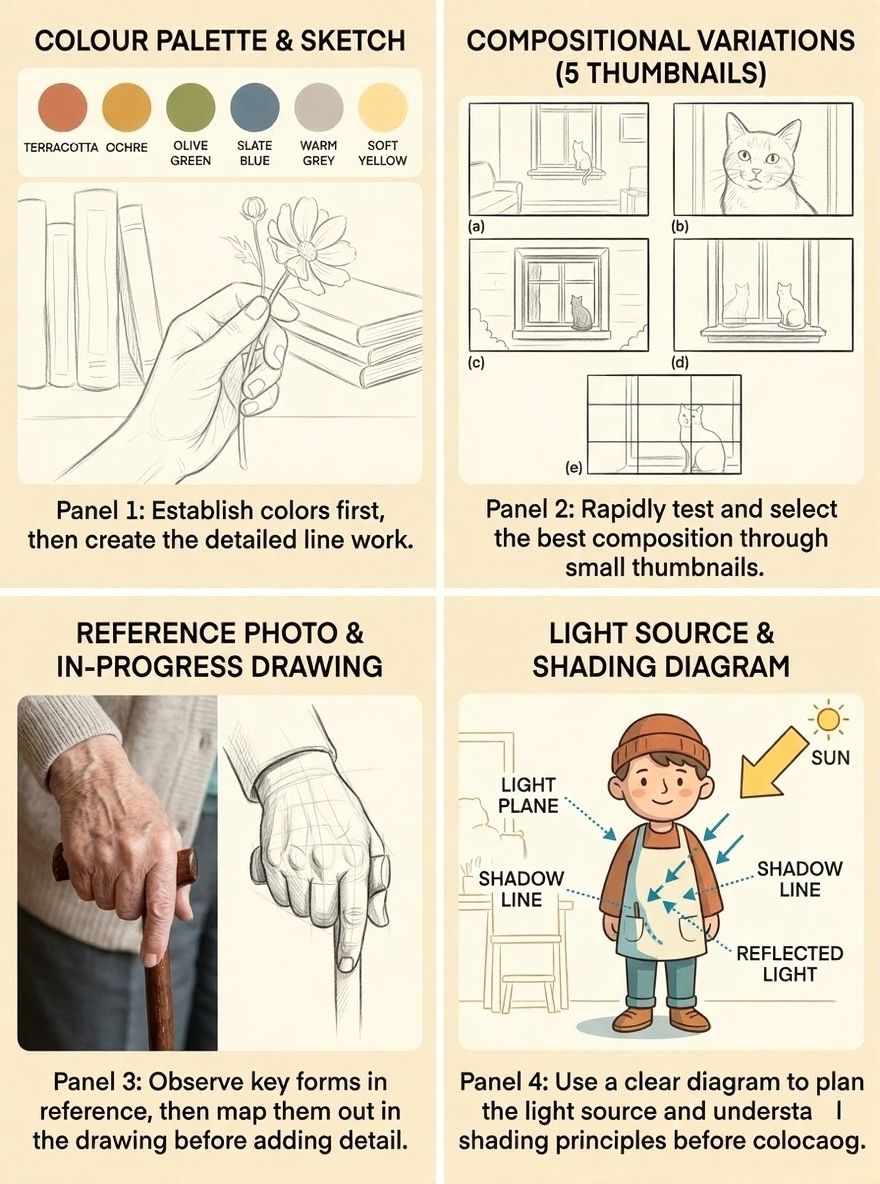 Drawing tutorial infographic: color palette, sketch, composition thumbnails, reference hand photo, and shading diagram