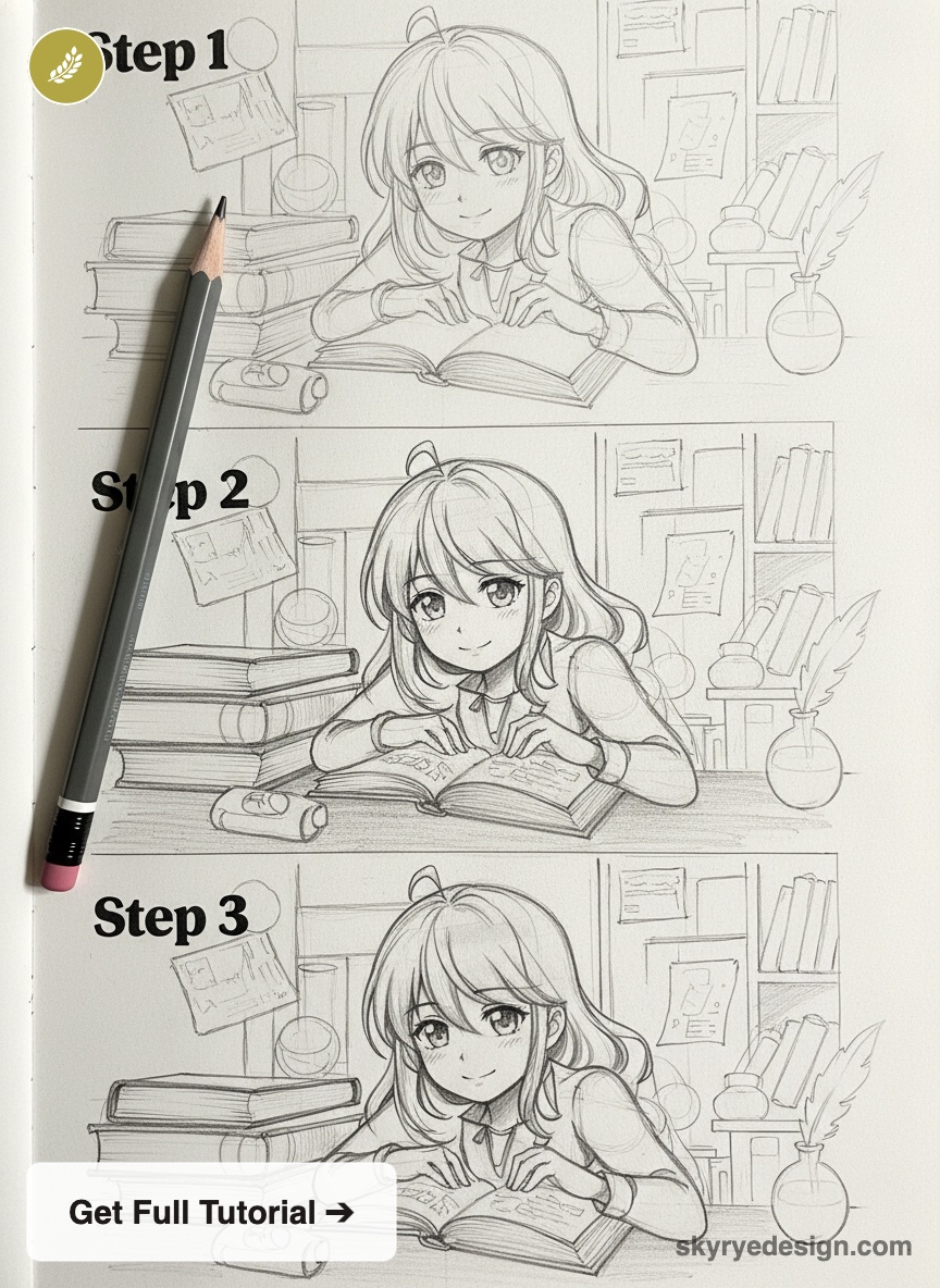 Manga drawing tutorial: three pencil sketch steps of a girl reading at a desk with books and quill.