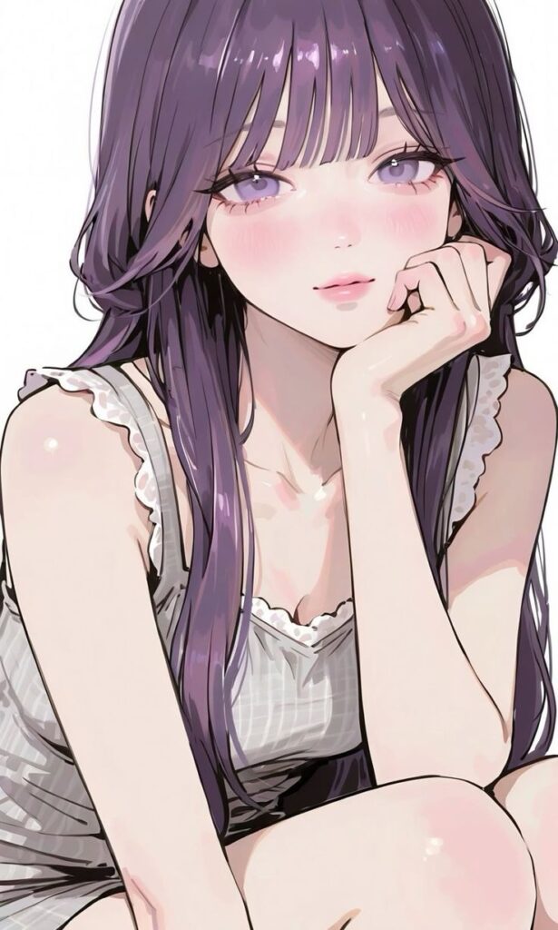 af34708f-ac2f-46e2-956d-bfb42ee27559 Anime girl with purple hair and purple eyes, wearing a sleeveless top, rests her chin on her hand, gazing thoughtfully. | Sky Rye Design Anime girl with purple hair and purple eyes, wearing a sleeveless top, rests her chin on her hand, gazing thoughtfully.