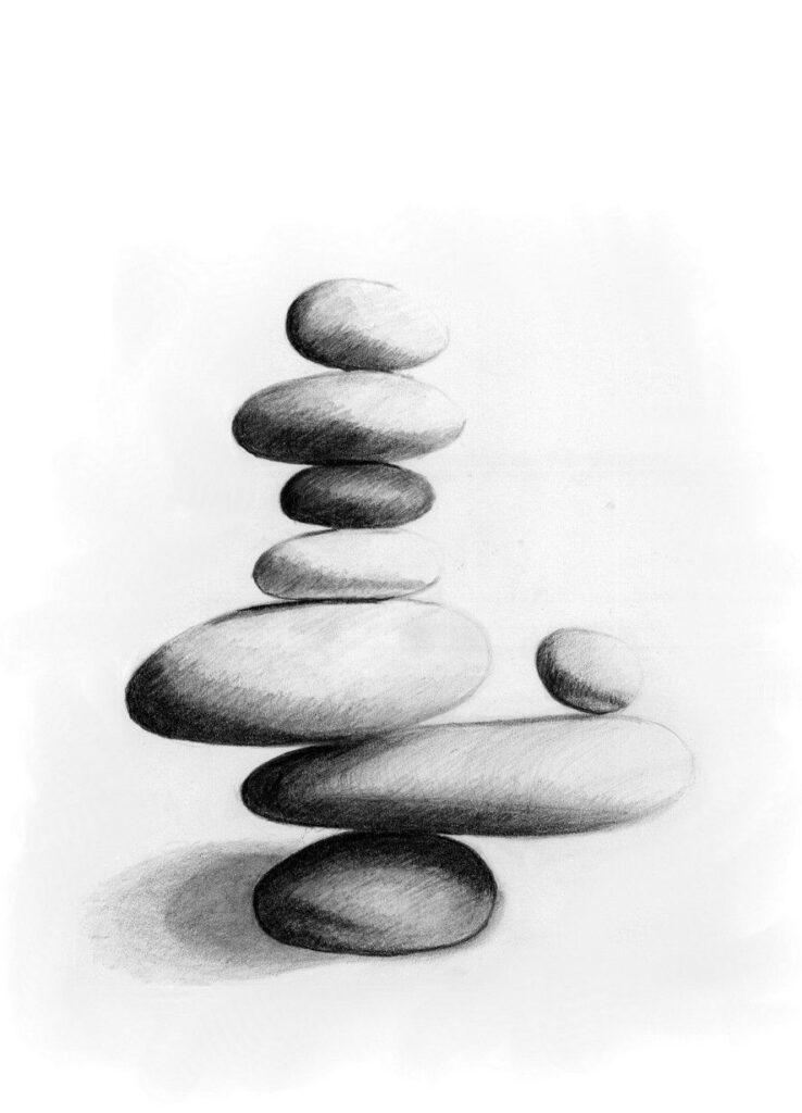 Pencil drawing of stacked stones, symbolizing balance and tranquility, with smooth textures and shadows on a white background.