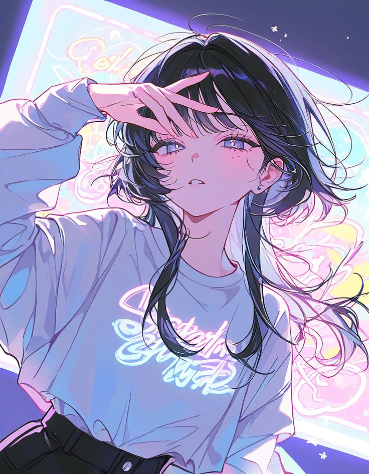 ai art Anime-style illustration of a girl with dark hair and blue eyes, wearing a neon-lit shirt, posing with a hand on her face. | Sky Rye Design Anime-style illustration of a girl with dark hair and blue eyes, wearing a neon-lit shirt, posing with a hand on her face.