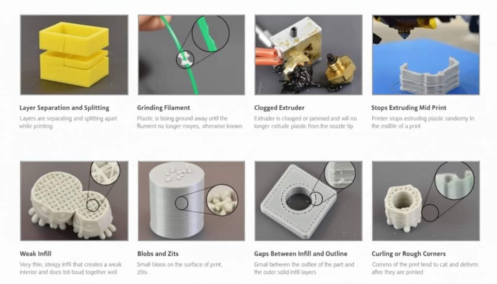 3D printing issues: layer separation, grinding filament, clogged extruder, mid-print stops, weak infill, blobs, gaps, curling. Solutions needed.