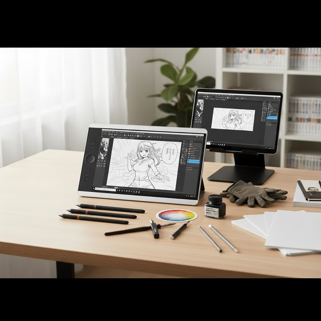 Digital art workstation with two screens displaying a manga illustration. Art supplies and drawing tools on the desk.
