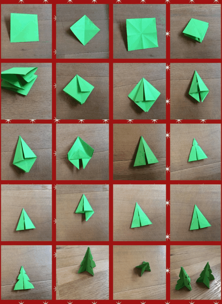 Step-by-step guide to folding an origami Christmas tree with green paper, diagrammed against a red background.