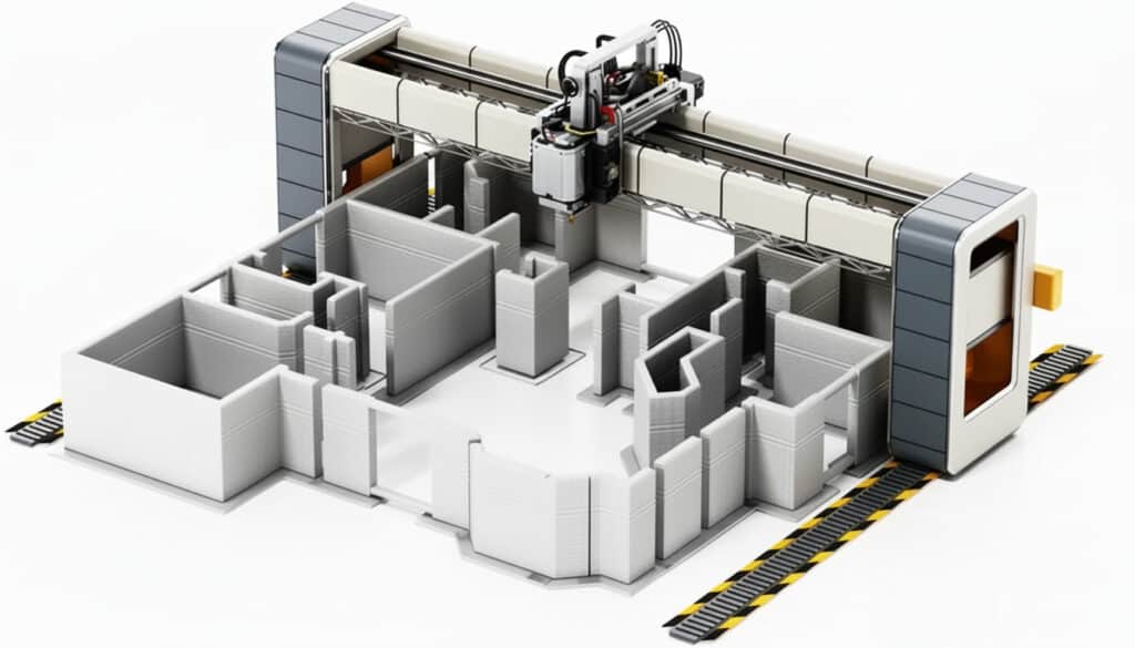 3D printing machine constructing a house, showcasing innovative home building technology.