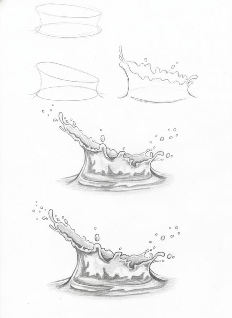 Pencil sketch sequence showing the step-by-step drawing process of a water splash, illustrating artistic technique and fluid movement.