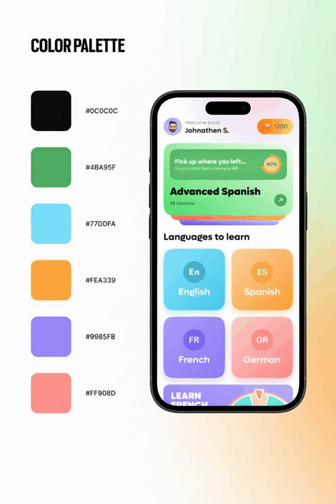 Mobile language learning app interface with colorful palette featuring Spanish, English, French, and German lessons highlighted.