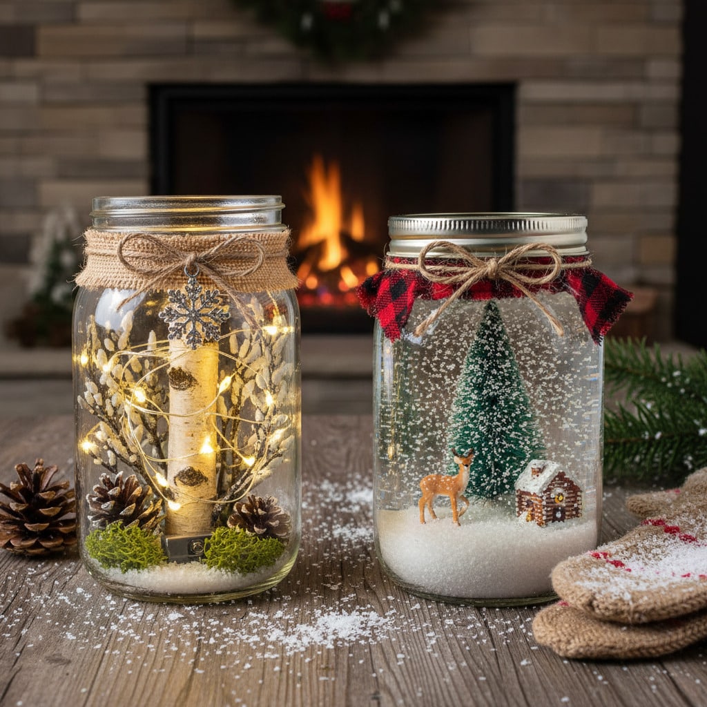 ai-generated-enchanting_mason_jar_luminarie-1 Cozy winter mason jar crafts with lights and snow, featuring trees and a deer, in front of a warm fireplace. | Sky Rye Design Cozy winter mason jar crafts with lights and snow, featuring trees and a deer, in front of a warm fireplace.