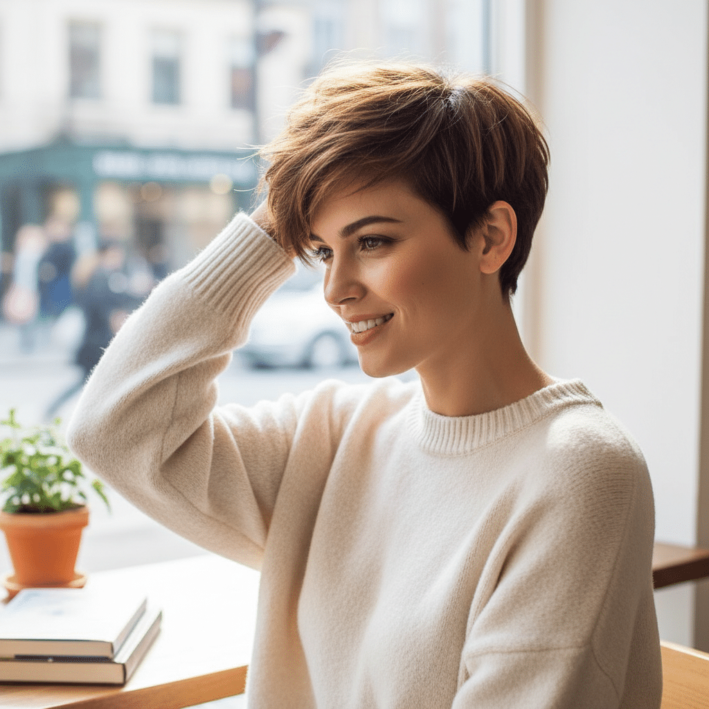 ai-generated-low_maintenance_hairstyles-2 Smiling woman with short hair in cozy café, wearing a white sweater, enjoying a coffee break by the window. | Sky Rye Design Smiling woman with short hair in cozy café, wearing a white sweater, enjoying a coffee break by the window.
