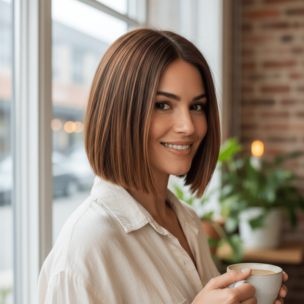 ai-generated-low_maintenance_hairstyles-3 Smiling woman with bob haircut enjoying coffee in a cozy cafe. | Sky Rye Design Smiling woman with bob haircut enjoying coffee in a cozy cafe.