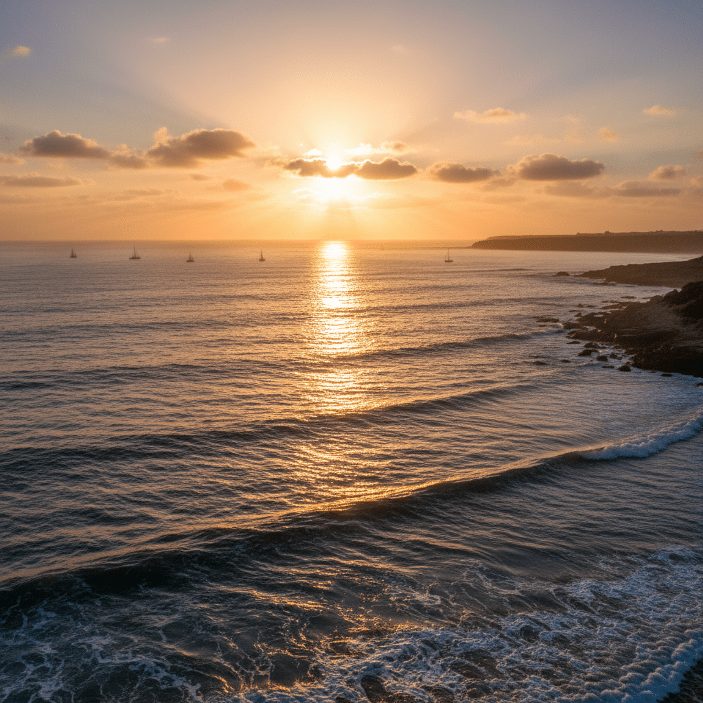 ai-generated-reflections_and_light__the_oce-1 Sunset over a serene ocean with gentle waves, a rocky shoreline, and sailboats on the horizon under a colorful sky. | Sky Rye Design Sunset over a serene ocean with gentle waves, a rocky shoreline, and sailboats on the horizon under a colorful sky.
