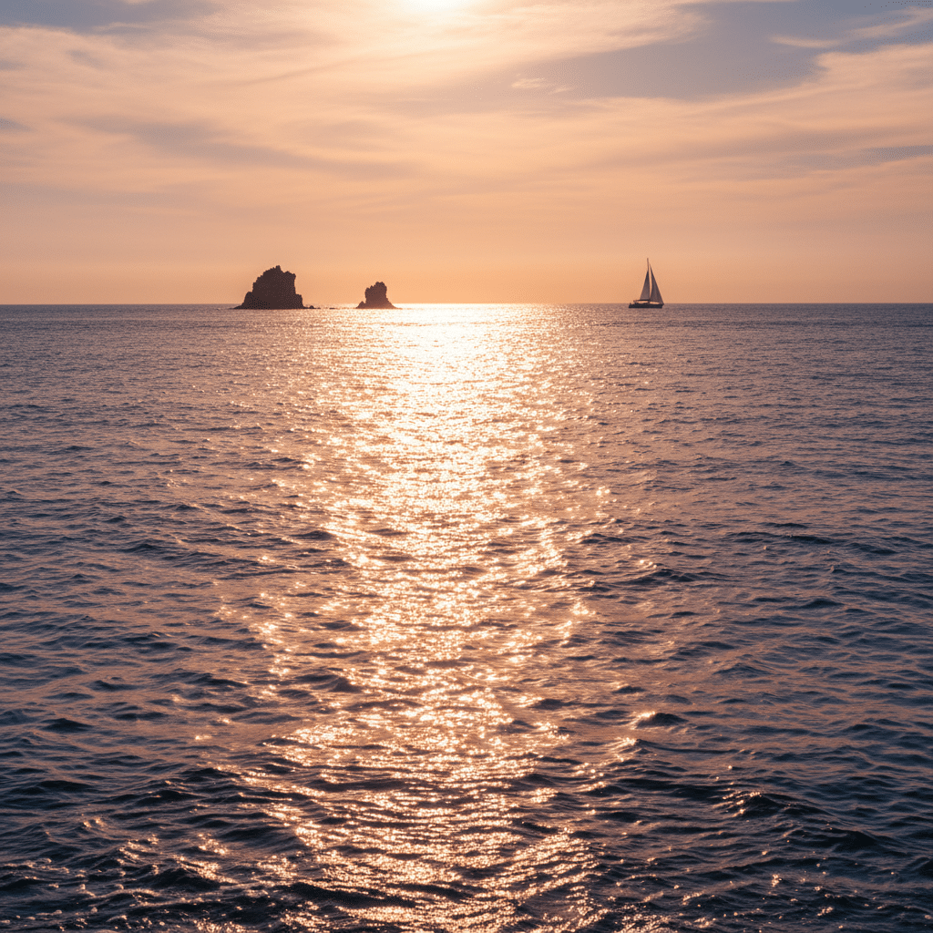 ai-generated-reflections_and_light__the_oce-2 Sailboat on sunset-lit ocean with rocky islands; serene seascape showcasing tranquil waters and golden sky reflections. | Sky Rye Design Sailboat on sunset-lit ocean with rocky islands; serene seascape showcasing tranquil waters and golden sky reflections.