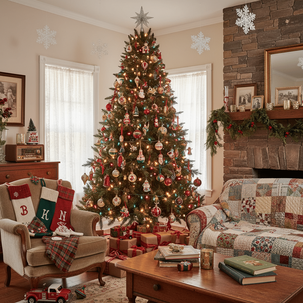 ai-photo-studio-1762091728847-1 Cozy living room with a decorated Christmas tree, gifts, and festive stockings by the fireplace. | Sky Rye Design Cozy living room with a decorated Christmas tree, gifts, and festive stockings by the fireplace.