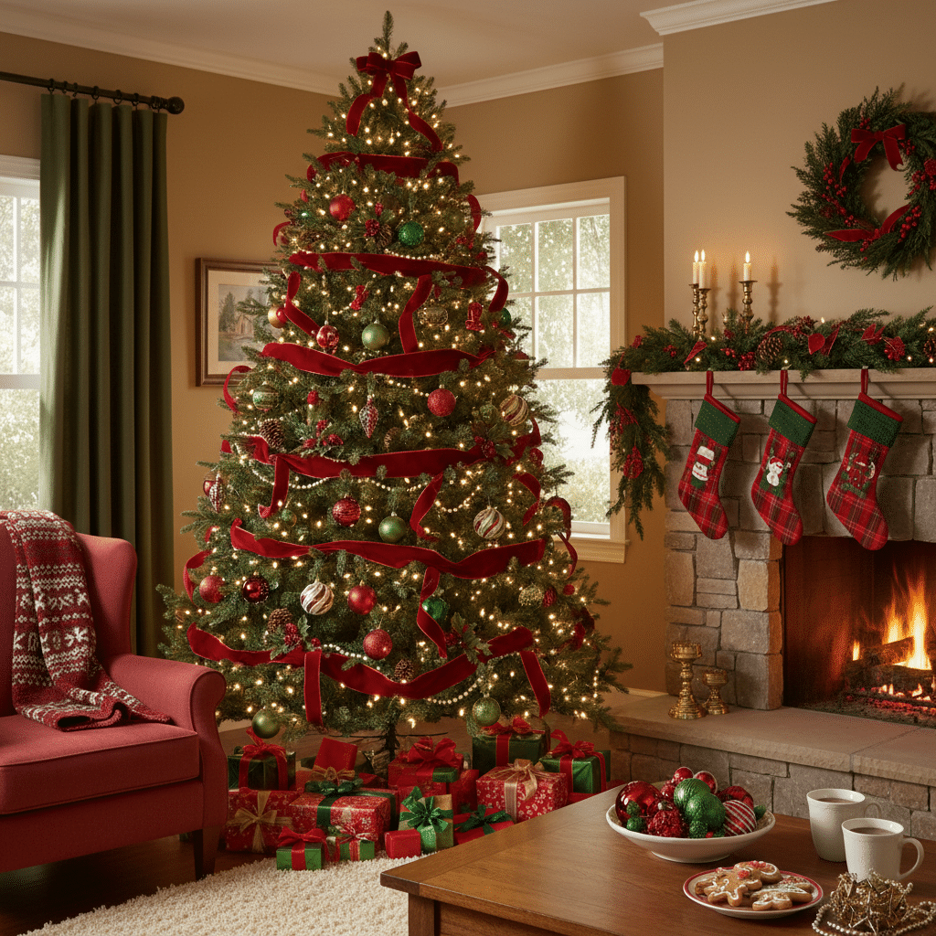 ai-photo-studio-1762091729980-2 Decorated Christmas tree with gifts, stockings, and lit fireplace in cozy living room setting. | Sky Rye Design Decorated Christmas tree with gifts, stockings, and lit fireplace in cozy living room setting.