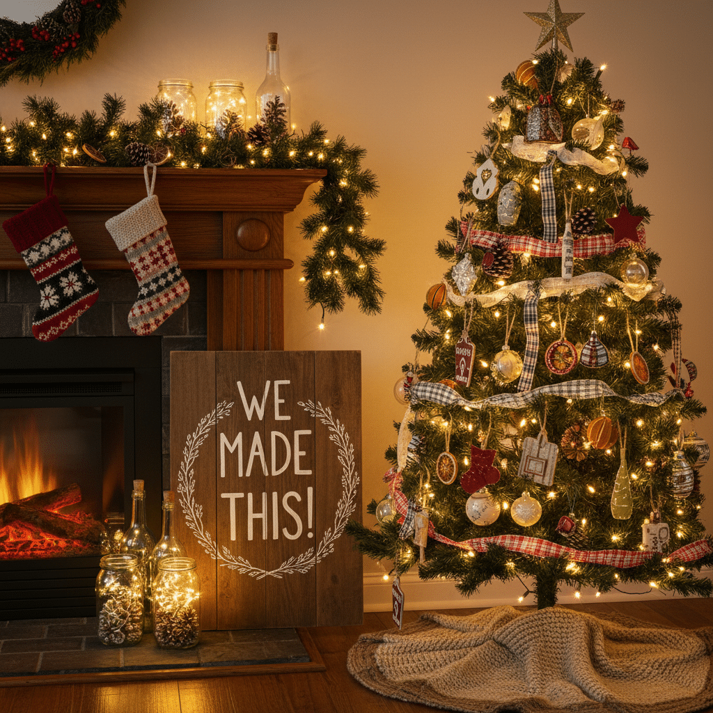 ai-photo-studio-1762091810846-1 Cozy Christmas scene with decorated tree, fireplace, stockings, and a handmade sign saying We Made This! | Sky Rye Design Cozy Christmas scene with decorated tree, fireplace, stockings, and a handmade sign saying We Made This!