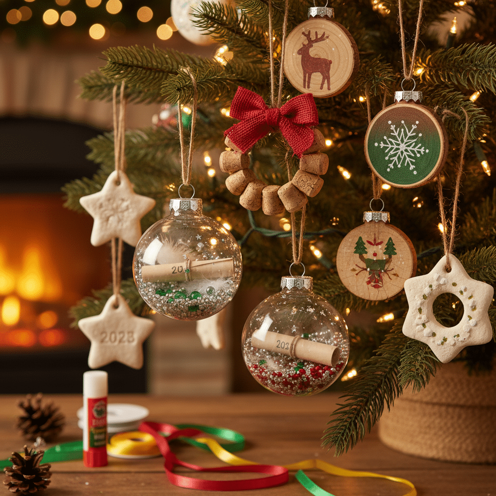 ai-photo-studio-1762091812147-2 Festive Christmas tree adorned with ornaments, baubles, and handmade crafts by a cozy fireplace. | Sky Rye Design Festive Christmas tree adorned with ornaments, baubles, and handmade crafts by a cozy fireplace.