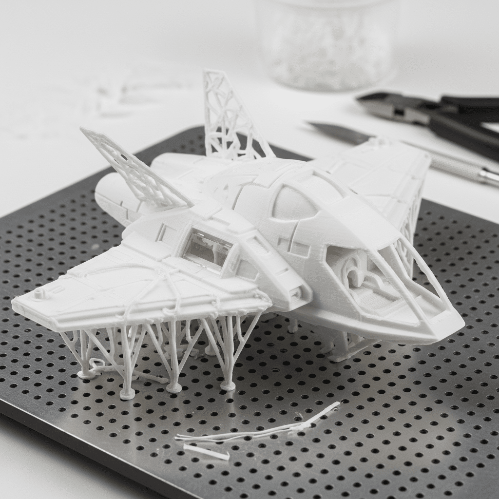 ai-photo-studio-1762100294805-1 3D-printed space shuttle model with support structures on a perforated metal plate. Tools and filament spool visible. | Sky Rye Design 3D-printed space shuttle model with support structures on a perforated metal plate. Tools and filament spool visible.