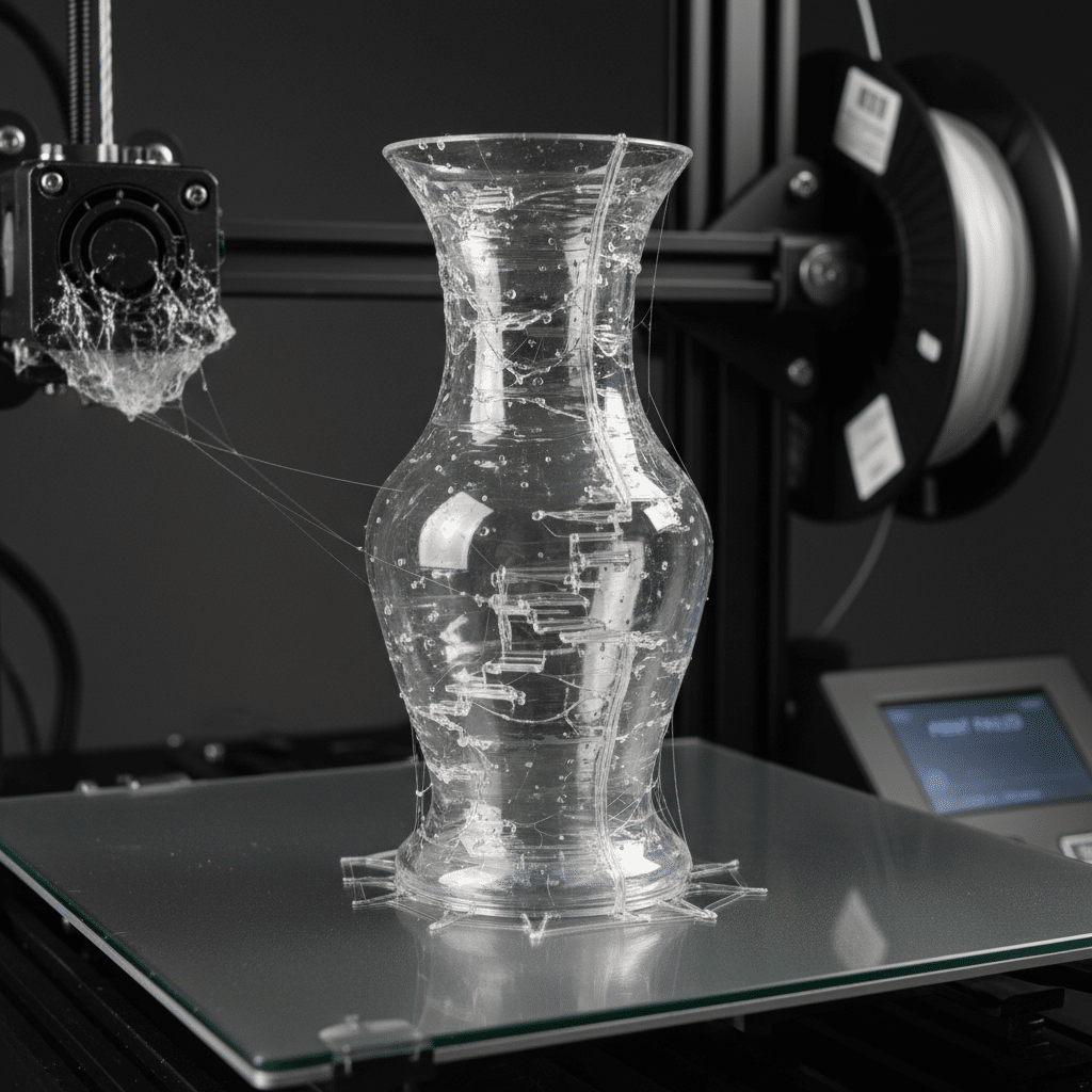 ai-photo-studio-1762100363929-2 3D printer creating a transparent vase with imperfect layers, showcasing printing issues. | Sky Rye Design 3D printer creating a transparent vase with imperfect layers, showcasing printing issues.