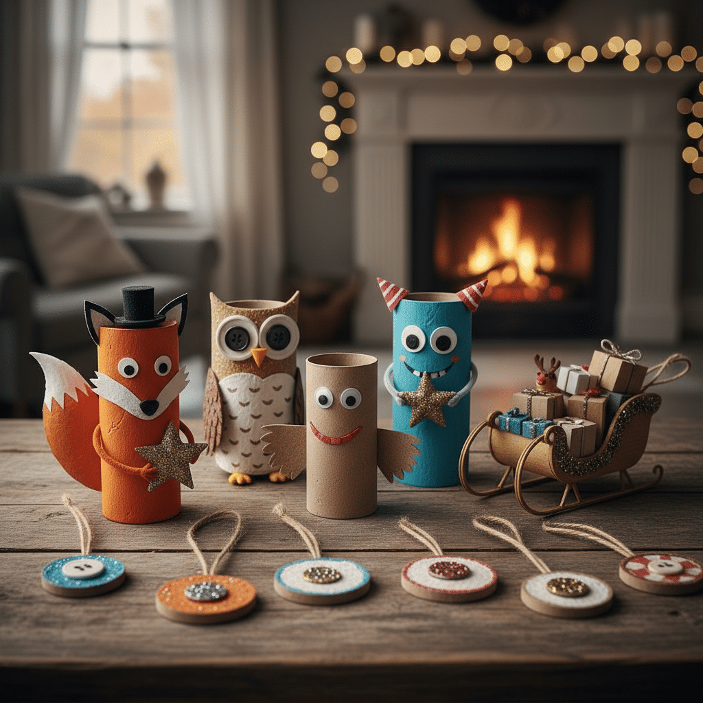 ai-photo-studio-1762101245362-2 Holiday-themed crafts with cute cardboard animals and sleigh by the fireplace. | Sky Rye Design Holiday-themed crafts with cute cardboard animals and sleigh by the fireplace.